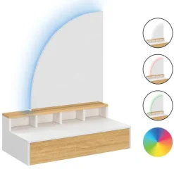 Coiffeuse suspendue miroir LED avec 4 niches, 1 tiroir bois et blanc