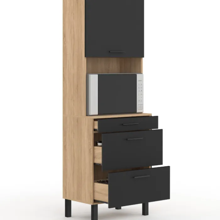 Colonne de cuisine micro-ondes et casserolier 60 cm CINA 2 portes façon hêtre et noir