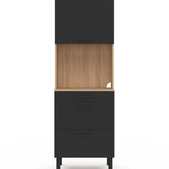 Colonne de cuisine micro-ondes et casserolier 60 cm CINA 2 portes façon hêtre et noir
