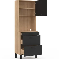 Colonne de cuisine micro-ondes et casserolier 60 cm CINA 2 portes façon hêtre et noir
