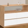 Commode 100 cm 4 tiroirs avec niche façon hêtre et blanc