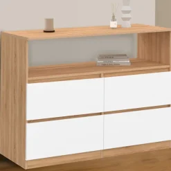 Commode 100 cm 4 tiroirs avec niche façon hêtre et blanc