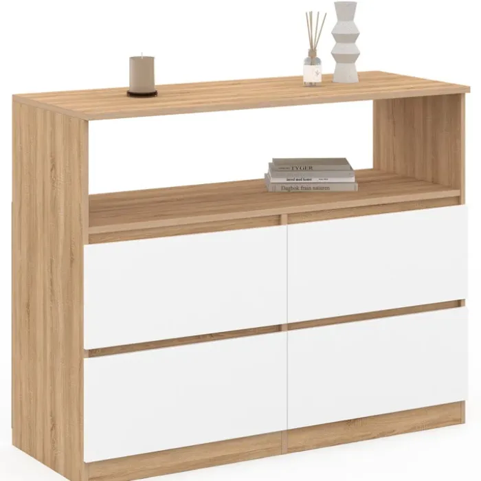 Commode 100 cm 4 tiroirs avec niche façon hêtre et blanc