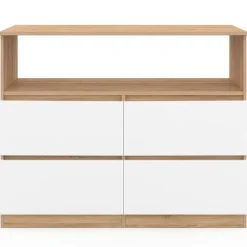 Commode 100 cm 4 tiroirs avec niche façon hêtre et blanc