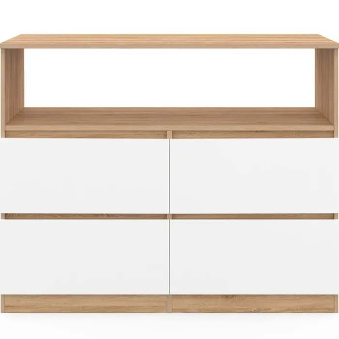 Commode 100 cm 4 tiroirs avec niche façon hêtre et blanc