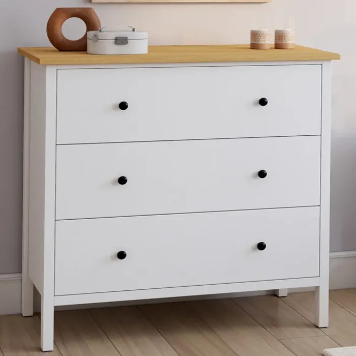 Commode 80 cm 3 tiroirs bois blanc plateau bois