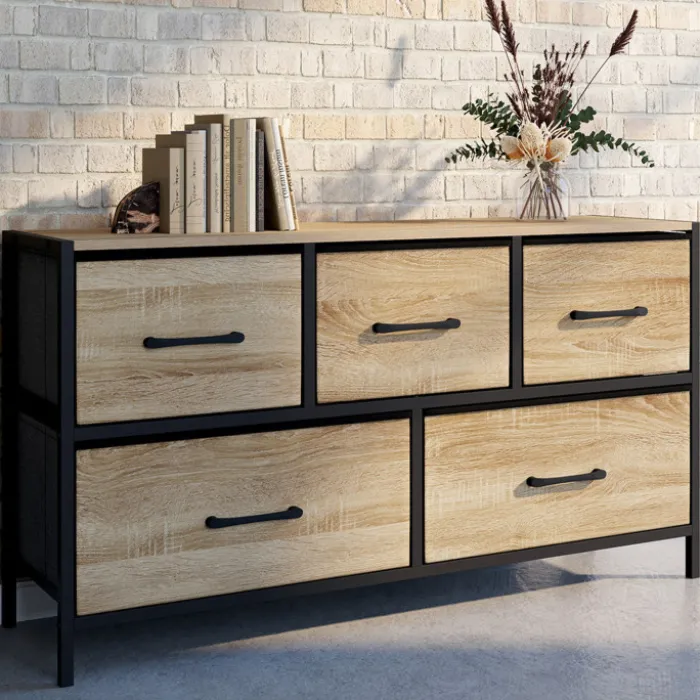 Commode 100 cm 5 tiroirs en tissu noir et effet bois au style industriel