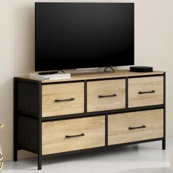 Commode 100 cm 5 tiroirs en tissu noir et effet bois au style industriel