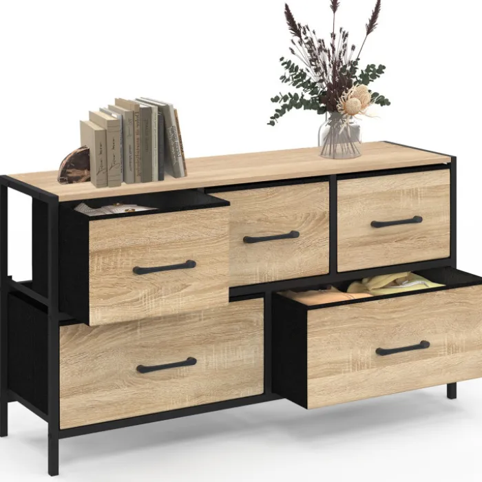 Commode 100 cm 5 tiroirs en tissu noir et effet bois au style industriel