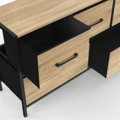 Commode 100 cm 5 tiroirs en tissu noir et effet bois au style industriel
