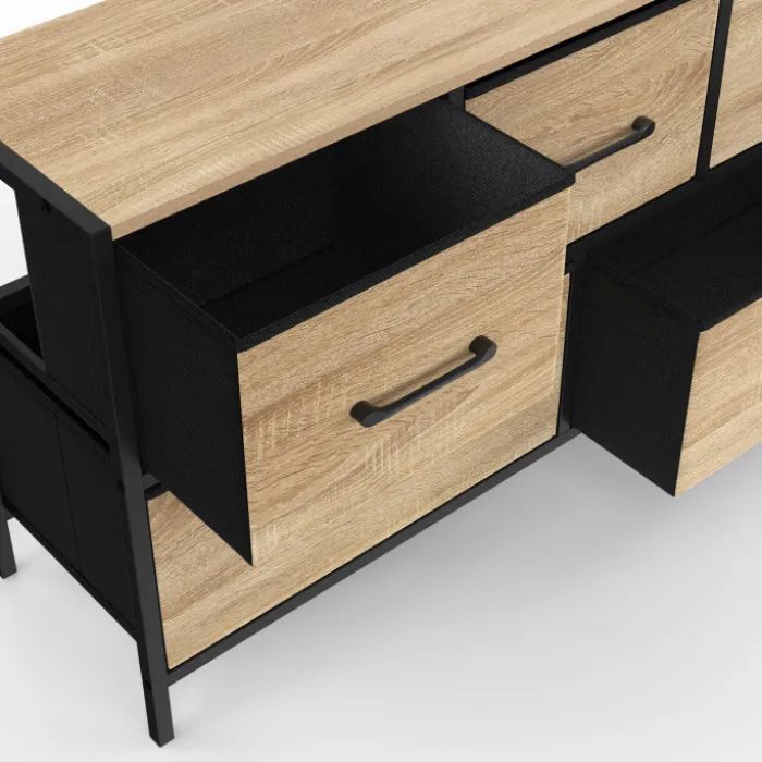 Commode 100 cm 5 tiroirs en tissu noir et effet bois au style industriel