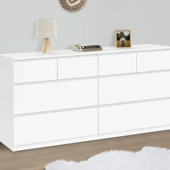 Commode 160 cm avec 8 tiroirs bois et blanc