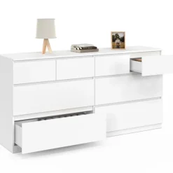 Commode 160 cm avec 8 tiroirs bois et blanc