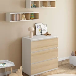 Commode à langer évolutive façon hêtre et blanc 3 tiroirs et 2 étagères