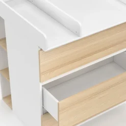 Commode à langer évolutive façon hêtre et blanc 3 tiroirs et 2 étagères