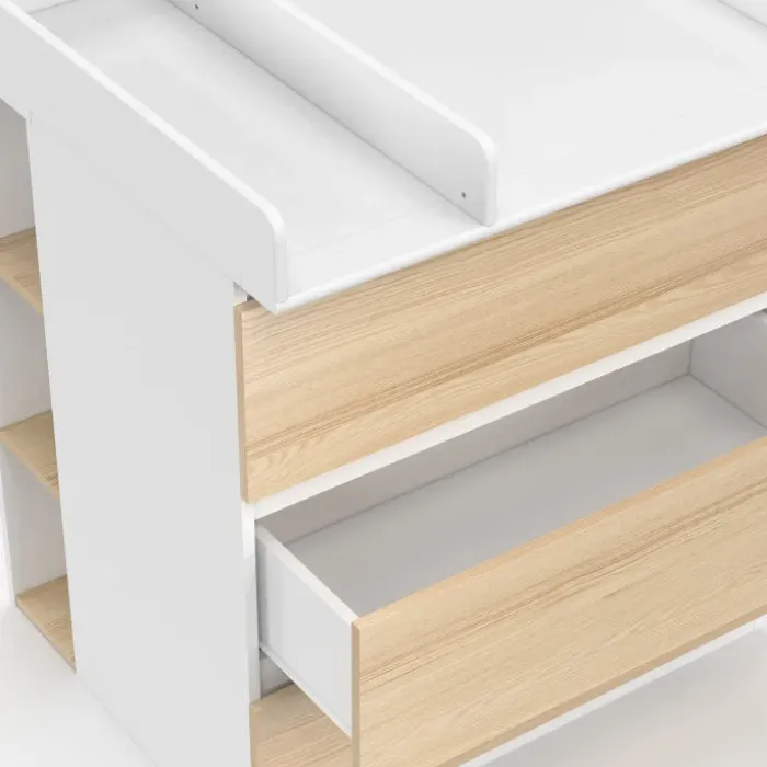 Commode à langer évolutive façon hêtre et blanc 3 tiroirs et 2 étagères