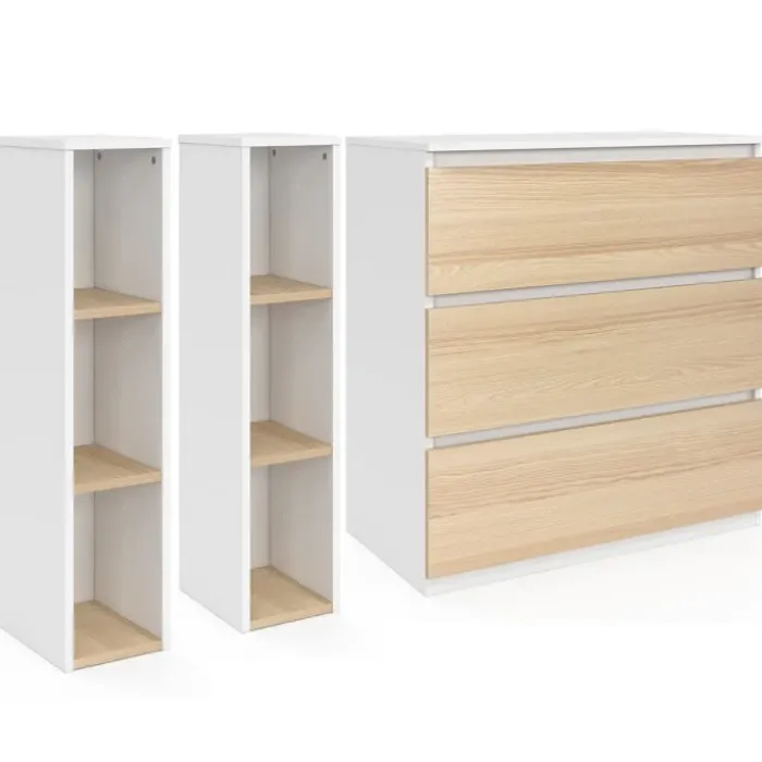 Commode à langer évolutive façon hêtre et blanc 3 tiroirs et 2 étagères