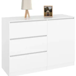 Commode 3 tiroirs + 1 porte 110 cm bois blanc