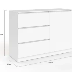 Commode 3 tiroirs + 1 porte 110 cm bois blanc