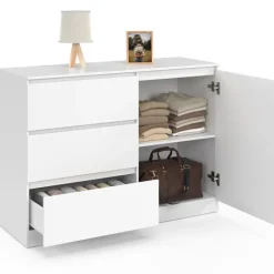 Commode 3 tiroirs + 1 porte 110 cm bois blanc
