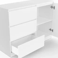 Commode 3 tiroirs + 1 porte 110 cm bois blanc
