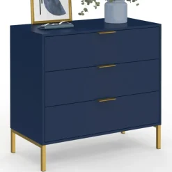 Commode 3 tiroirs 80 cm bleu nuit et finitions dorées