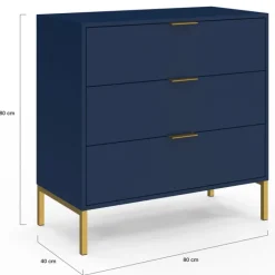 Commode 3 tiroirs 80 cm bleu nuit et finitions dorées