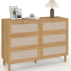 Commode 6 tiroirs 115 cm bois et effet lin