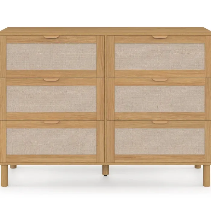 Commode 6 tiroirs 115 cm bois et effet lin