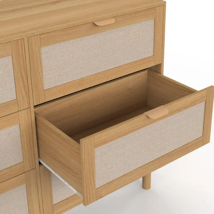 Commode 6 tiroirs 115 cm bois et effet lin