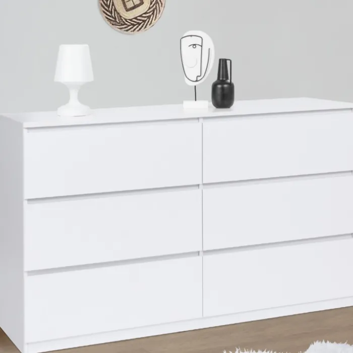 Commode 6 tiroirs 140 cm bois blanc