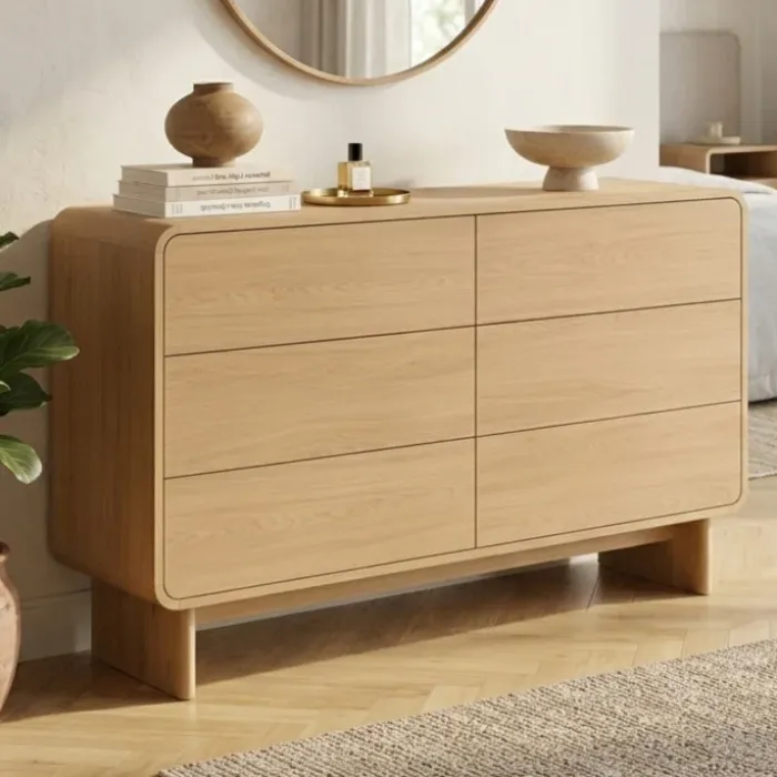 Commode 6 tiroirs 115 cm façon hêtre design arrondi