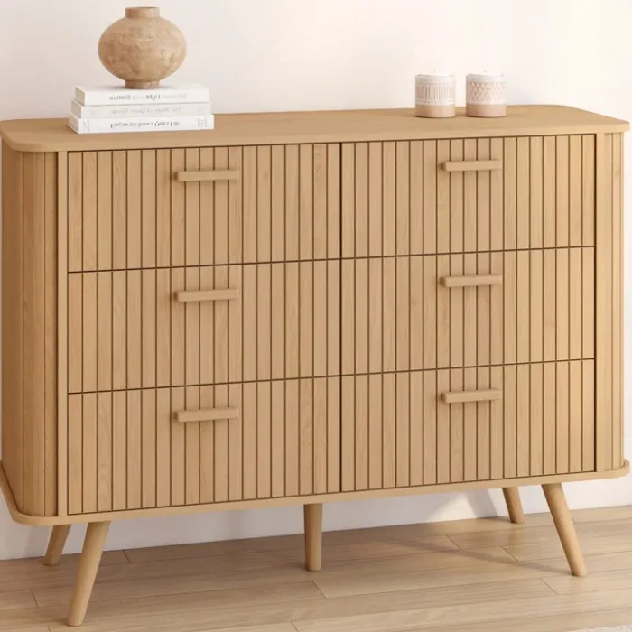 Commode 6 tiroirs 110 cm lattes tasseau bois coloris chêne