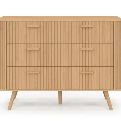Commode 6 tiroirs 110 cm lattes tasseau bois coloris chêne