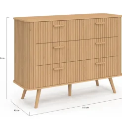 Commode 6 tiroirs 110 cm lattes tasseau bois coloris chêne
