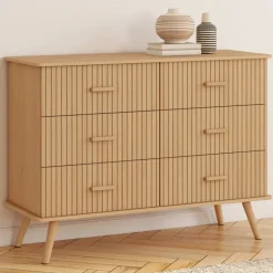 Commode 6 tiroirs 110 cm lattes tasseau bois coloris chêne
