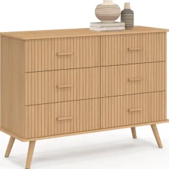 Commode 6 tiroirs 110 cm lattes tasseau bois coloris chêne