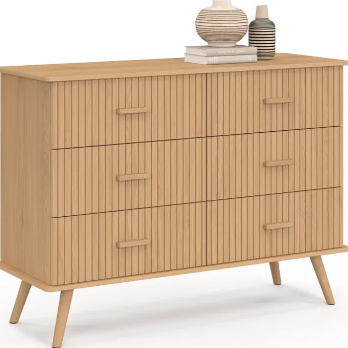 Commode 6 tiroirs 110 cm lattes tasseau bois coloris chêne