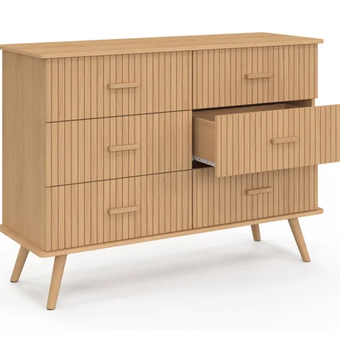 Commode 6 tiroirs 110 cm lattes tasseau bois coloris chêne