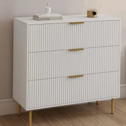 Commode 3 tiroirs 80 cm lattes blanc et doré