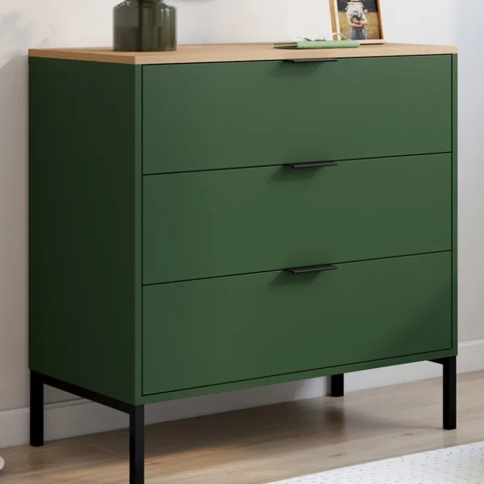 Commode 3 tiroirs 80 cm vert kaki et plateau bois