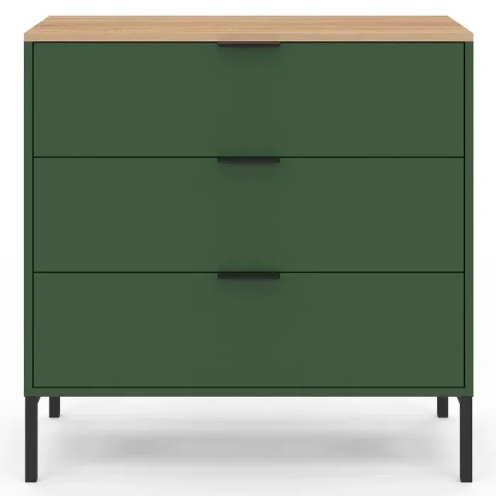 Commode 3 tiroirs 80 cm vert kaki et plateau bois