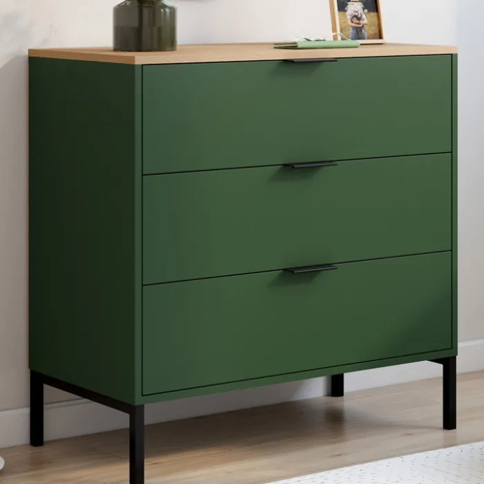 Commode 3 tiroirs 80 cm vert kaki et plateau bois