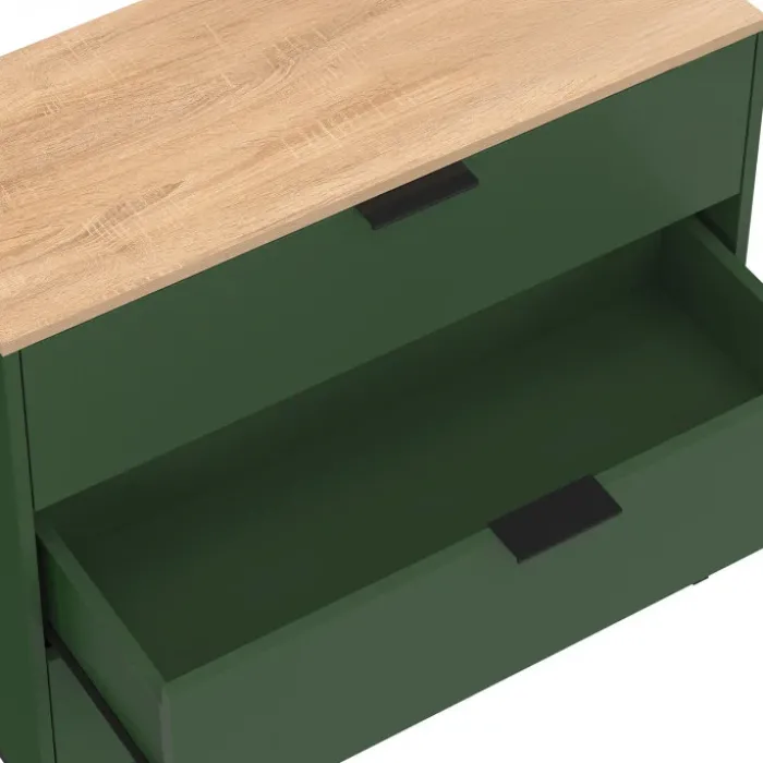 Commode 3 tiroirs 80 cm vert kaki et plateau bois