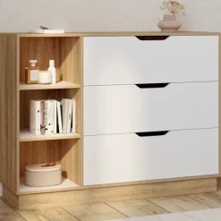 Commode 3 tiroirs 3 niches hêtre blanc