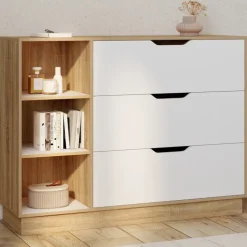 Commode 3 tiroirs 3 niches hêtre blanc