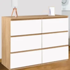Commode 6 tiroirs blanche et bois façon hêtre
