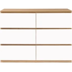 Commode 6 tiroirs blanche et bois façon hêtre