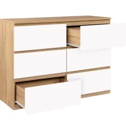 Commode 6 tiroirs blanche et bois façon hêtre