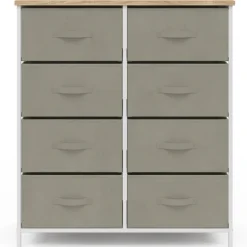 Commode 8 tiroirs en tissu gris clair et plateau effet bois
